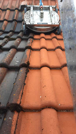 Dachreinigung -  mit unserer speziellen Dachreinigungshaube können wir die gröbsten Verschmutzungen direkt unter der Haube halten, so dass Ihr Grundstück am Boden sauber bleibt.