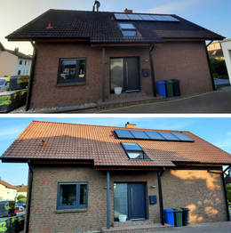 Hausdachansicht vor und nach der Reinigung in Babenhausen / Hergershausen